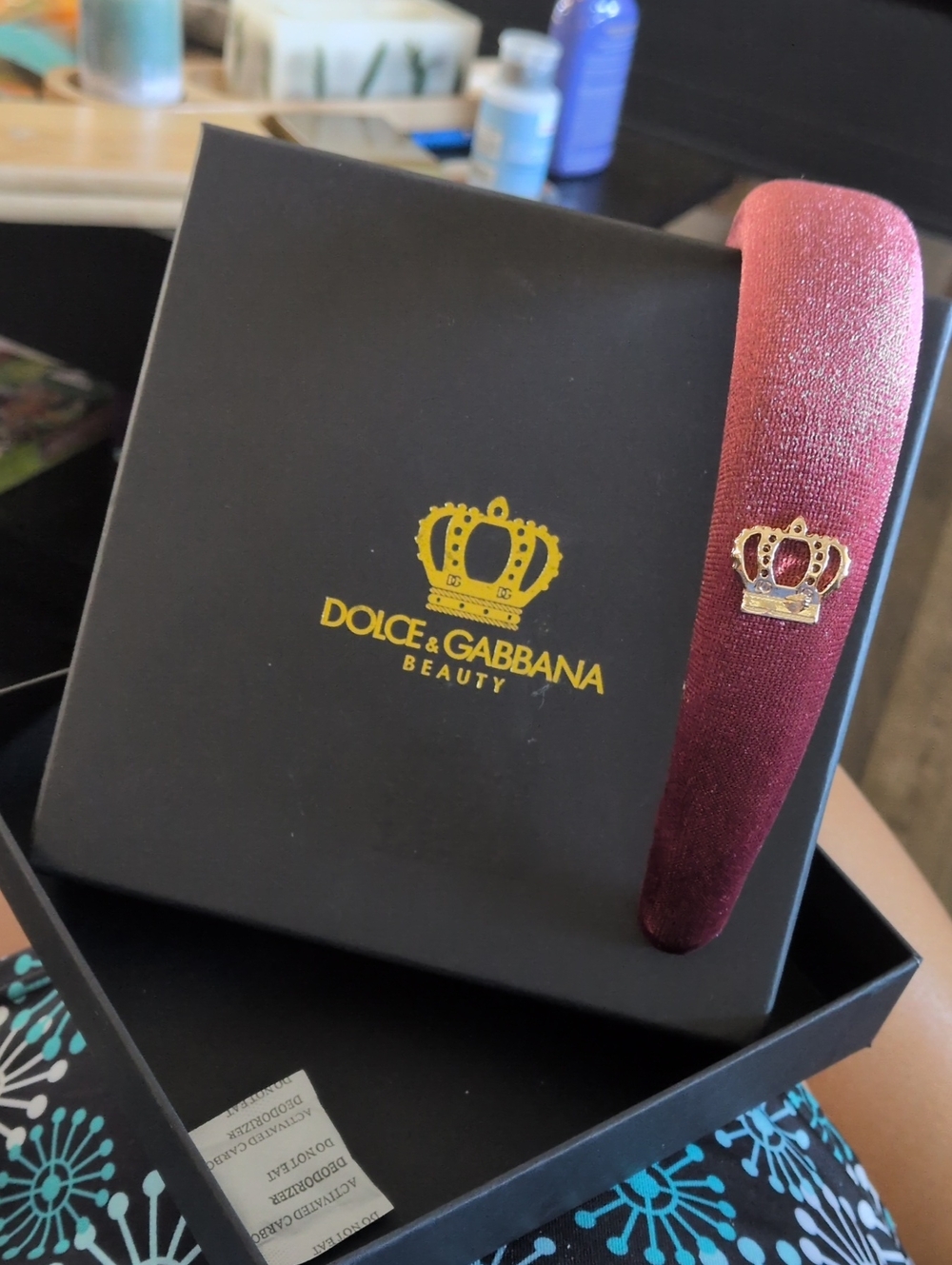 Dolce & Gabbana Velvet Headband with Gold Crown Accent - Burgundy